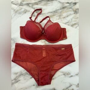 Gossard Red Shimmer Mesh Bra & Brief Set 34B / S Sheer Lingerie